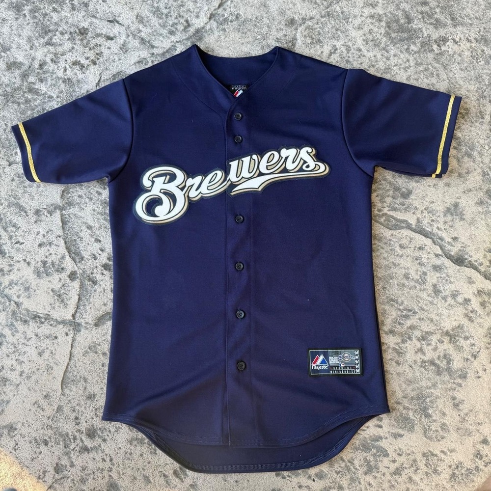 Vintage Majestic Milwaukee Brewers Jersey Mens Small Navy Blue MLB Made in USA